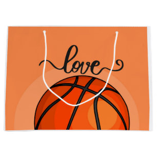 Grand Sac Cadeau Basket-ball sur orange avec amour aquarelle  