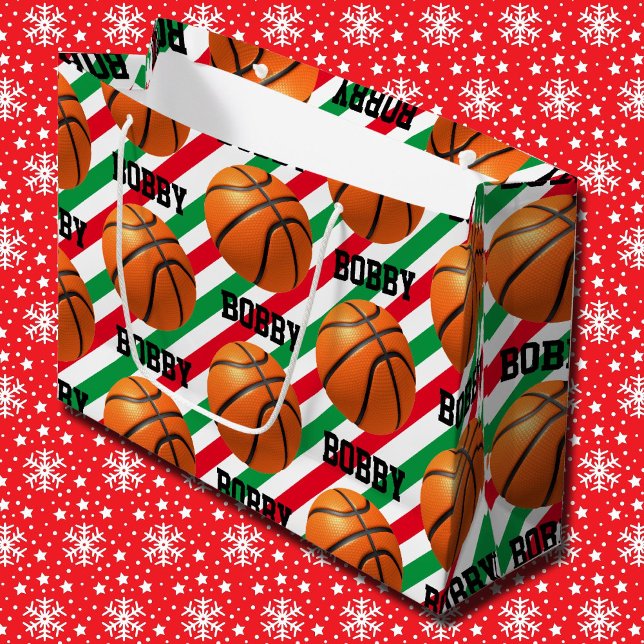 Grand Sac Cadeau Basketball Noël Ajouter le nom Bande rouge n vert (Créateur téléchargé)