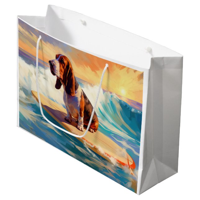 Grand Sac Cadeau Basset Hound Beach Surf Peinture (Devant Angle)