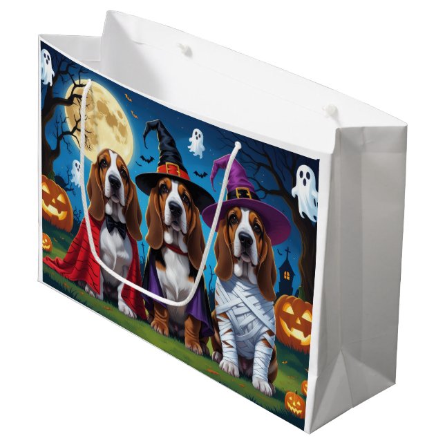 Grand Sac Cadeau Basset Hound Chiens Citrouille Halloween Funny (Devant Angle)