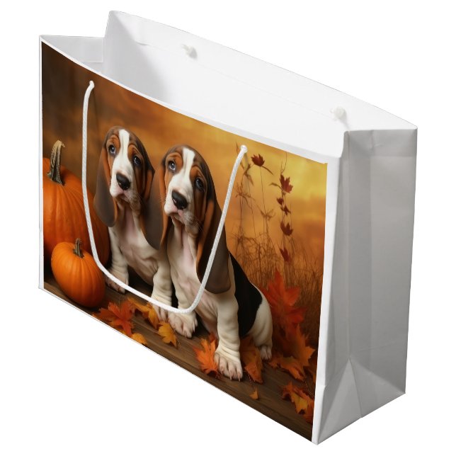 Grand Sac Cadeau Basset Hound Chiot Automne Citrouille de plaisir (Devant Angle)