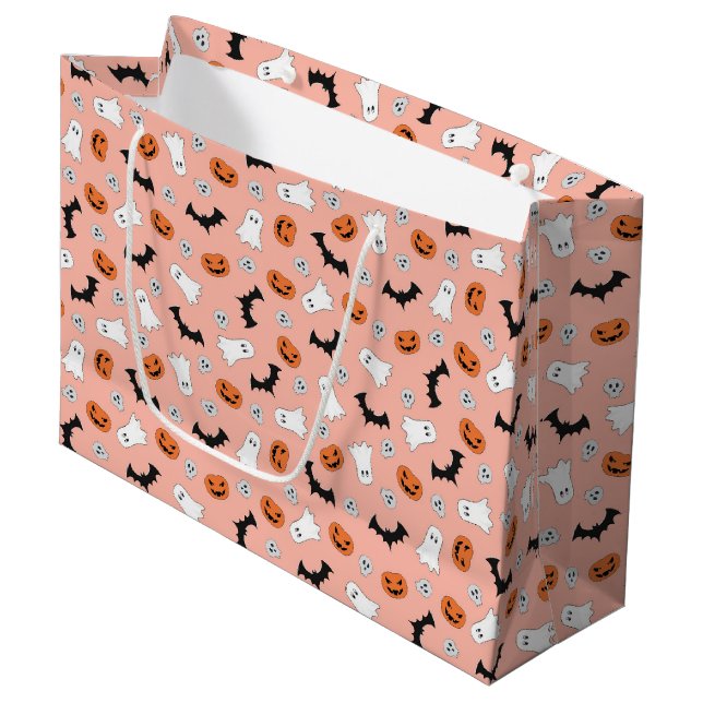 Grand Sac Cadeau Bats Fantômes D'Halloween, Citrouilles, Chauves-so (Devant Angle)