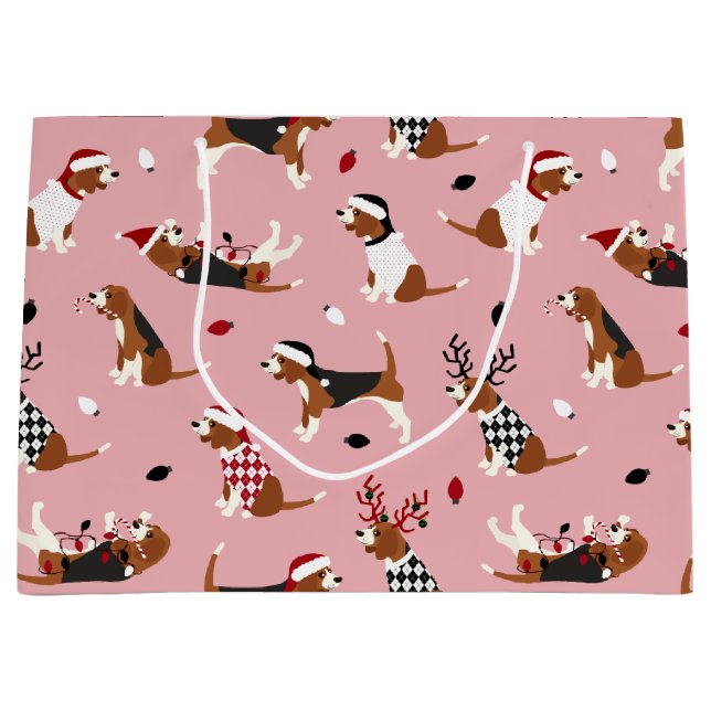 Grand Sac Cadeau Beagle de Noël rose (Devant)