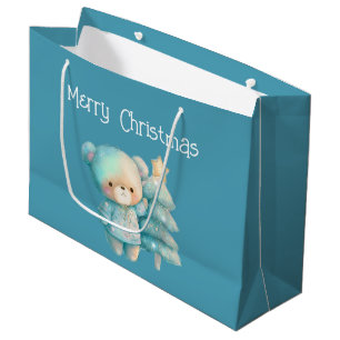 Grand Sac Cadeau Bear mignonne et sapin de Noël Turquoise