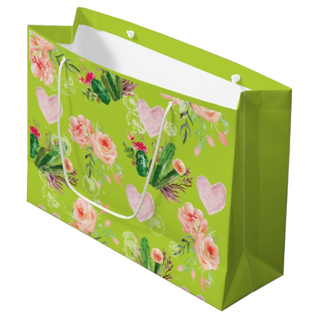 Grand Sac Cadeau Beau cactus vert floral (Devant Angle)