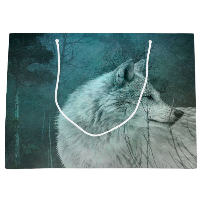 Grand Sac Cadeau Beau loup gris dans une forêt foncée (Devant)
