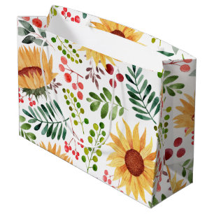 Grand Sac Cadeau Beau tournesol et baies Aquarelle  
