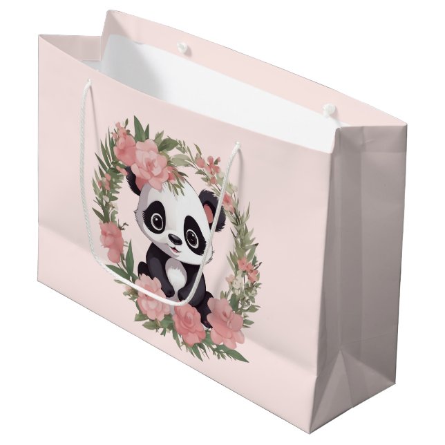 Grand Sac Cadeau Bébé adorable Panda Ours avec fleurs (Devant Angle)