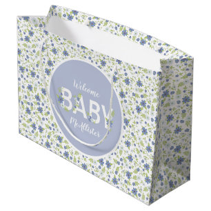 Grand Sac Cadeau Bébé en Fleur Douche Bleu Fleurs Vintages Garçon