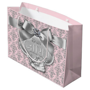 Grand Sac Cadeau Bébé Fille Damassé Argent Rose