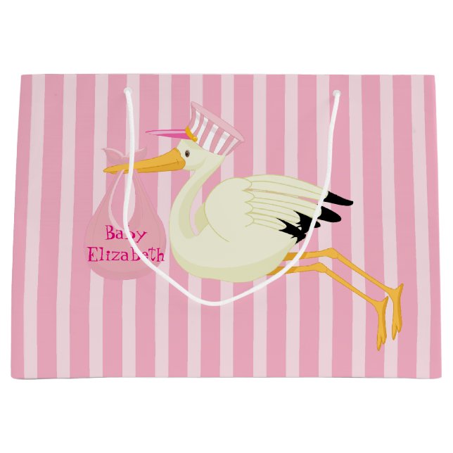 Grand Sac Cadeau Bébé fille rose rayures Stork (Devant)