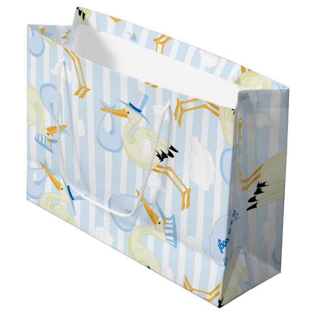 Grand Sac Cadeau Bébé garçon cigogne bleu et blanc (Devant Angle)