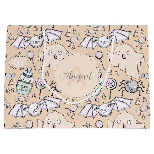 Grand Sac Cadeau Bébé mignon Orange Halloween Citrouilles, chauves- (Devant)