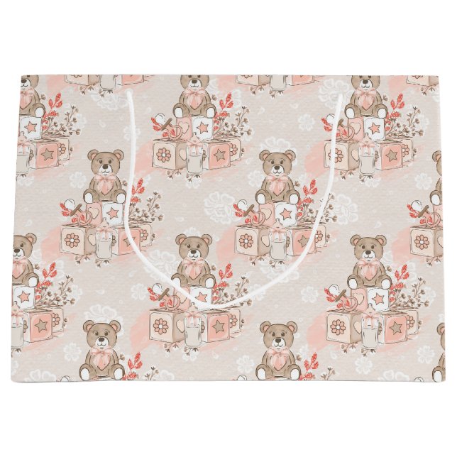 GRAND SAC CADEAU BÉBÉ ROSE PASTEL BLOQUE DES FLEURS NOUNOURS (Devant)