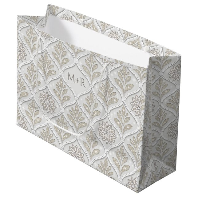 Grand Sac Cadeau Beige & White Sparkling Quatrefoil Pattern (Devant Angle)