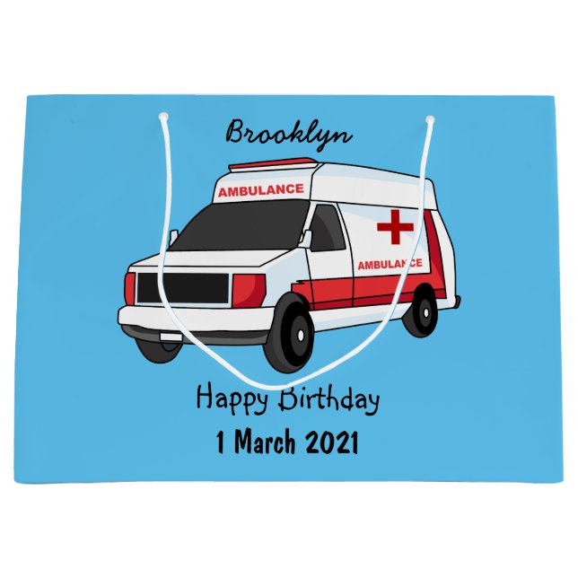 Grand Sac Cadeau Belle ambulance rouge caricature van (Devant)