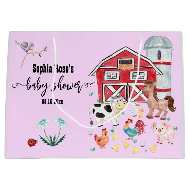 Grand Sac Cadeau Belle ferme animaux Baby shower rose (Devant)