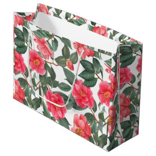 Grand Sac Cadeau Belle Fleurs de Camellia et Motif Feuille