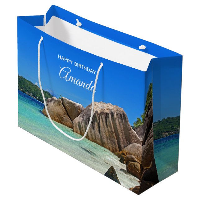 Grand Sac Cadeau Belle Mer Tropicale avec un Anniversaire Rocky Bea (Devant Angle)