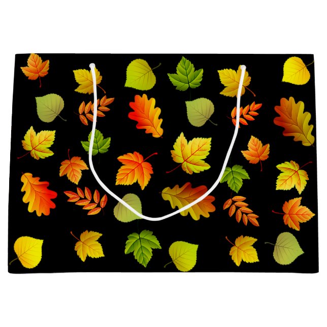 Grand Sac Cadeau Belles feuilles d'automne sur noir (Devant)