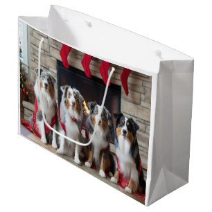 Grand Sac Cadeau Berger australien près de la cheminée Noël