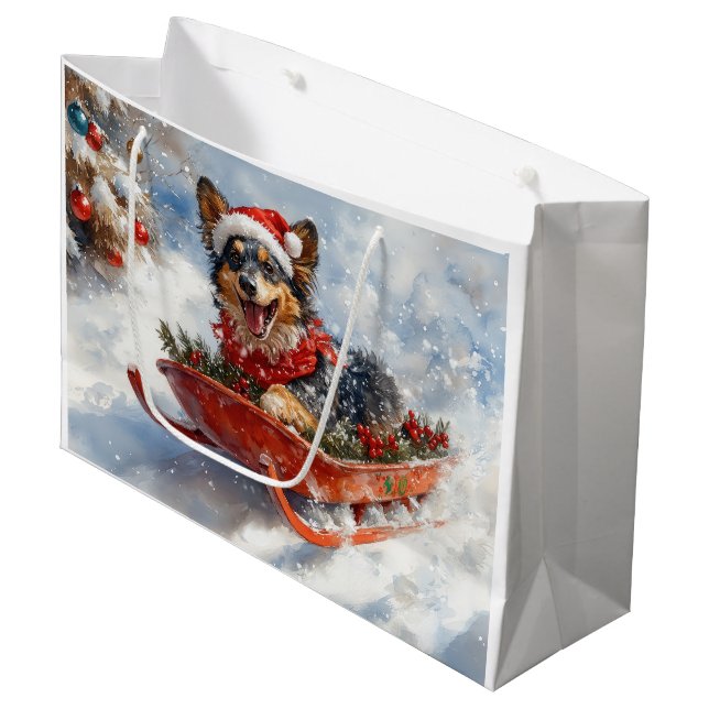 Grand Sac Cadeau Berger belge en luge Laisser neiger Noël (Devant Angle)