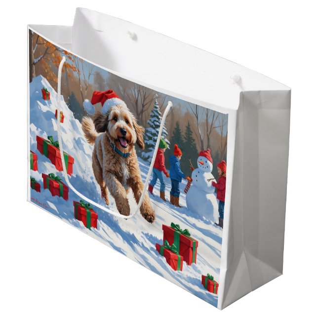 Grand Sac Cadeau Bernedoodle Noël Festival scène de neige (Devant Angle)