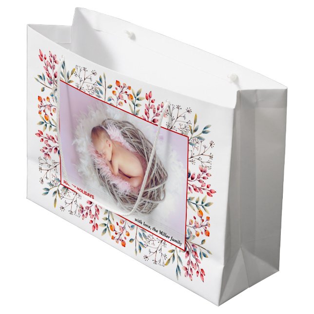 Grand Sac Cadeau Berry, feuille pêche Happy Holidays Christmas phot (Devant Angle)
