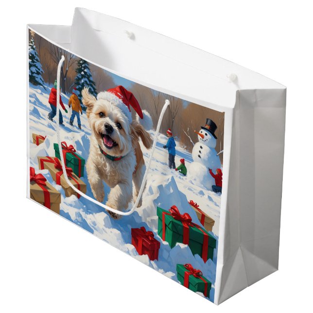 Grand Sac Cadeau Bichon Frise Noël Festive Scène de neige (Devant Angle)