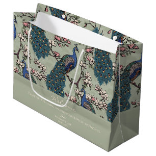 Grand Sac Cadeau Bienvenue Paons Floraux Vert Sauge