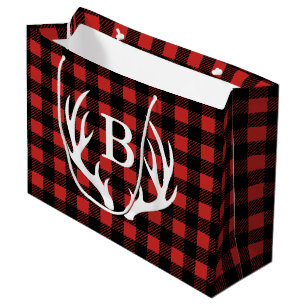 Grand Sac Cadeau Bison noir rustique Plaid Deer Antlers Initiale