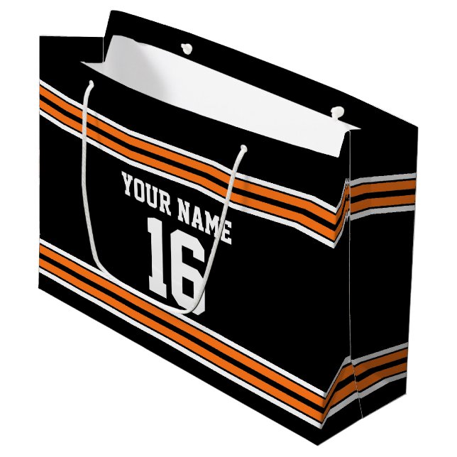 Grand Sac Cadeau Black avec Orange White Stripes Team Jersey (Devant Angle)