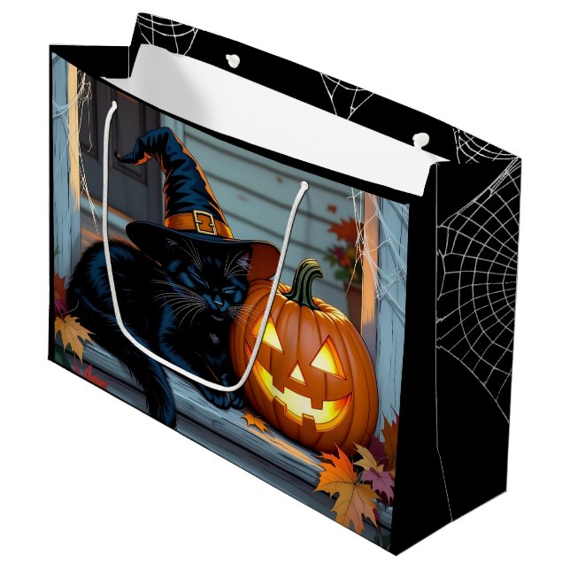 Grand Sac Cadeau Black Cat Halloween Pumpkin Carving Party (Devant Angle)