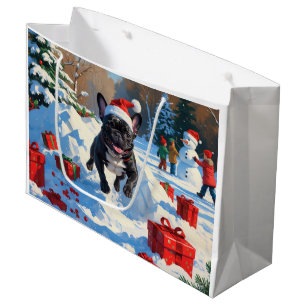 Grand Sac Cadeau Black French Bulldog Festive de Noël Scène de neig
