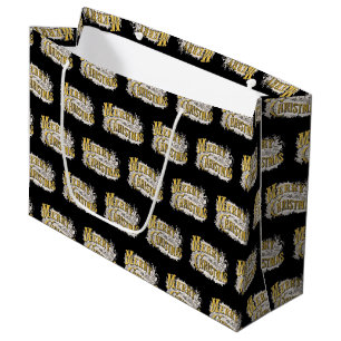 Grand Sac Cadeau Black Gold Elegant Joyeux Noël Rustique Vintage