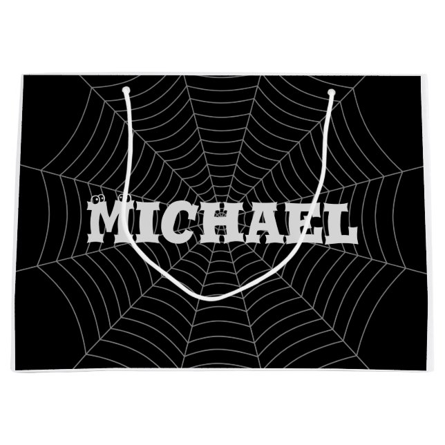 Grand Sac Cadeau Black grey spider web Halloween motif Votre nom (Devant)