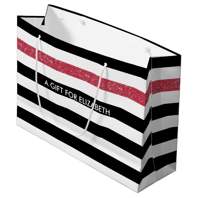 Grand Sac Cadeau Black Stripes FAUX Red Glitz et nom (Devant Angle)