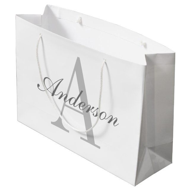 Grand Sac Cadeau Blanc élégant & Monogramme Gris (Dos Angle)