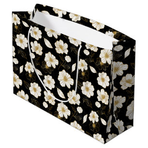 Grand Sac Cadeau Blanc et or Floral Noir