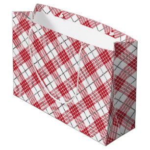 Grand Sac Cadeau Blanc et rouge avec des accents gris plaid motif