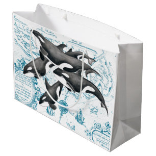 Grand Sac Cadeau Bleu antique de famille de baleines d'orque