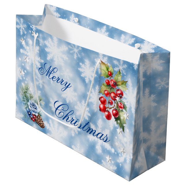 Grand Sac Cadeau Bleu blanc Flamme de neige Holly Berries Joyeux No (Devant Angle)