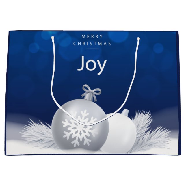 Grand Sac Cadeau Bleu blanc neige baubles joie flocon de neige (Devant)