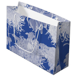 Grand Sac Cadeau Bleu Blanc Vintage Chinoiserie Motif Floral