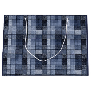 Grand Sac Cadeau Bleu, denim, tartan, plaid.