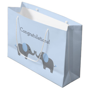 Grand Sac Cadeau Bleu et blanc Polka Dot Elephant Baby shower Larg
