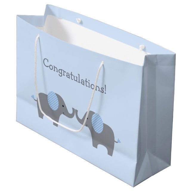 Grand Sac Cadeau Bleu et blanc Polka Dot Elephant Baby shower Larg (Devant Angle)