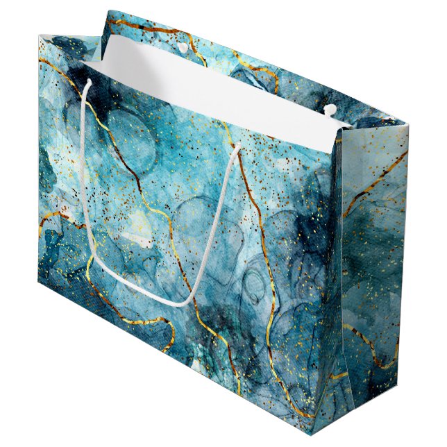 Grand Sac Cadeau Bleu et doré marbre (Devant Angle)