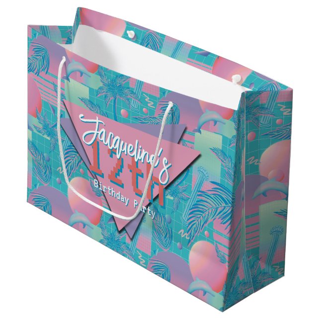 Grand Sac Cadeau Bleu été Vaporwave coucher de soleil Anniversaire (Devant Angle)