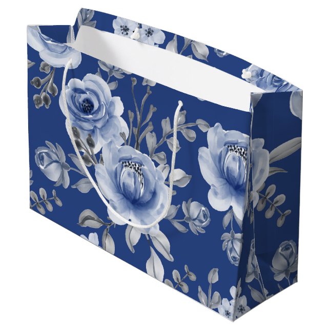 Grand Sac Cadeau Bleu marine et Elégante aquarelle moderne Floral (Dos Angle)
